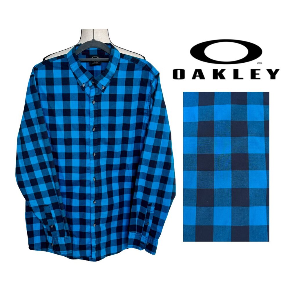 Oakley Blue Black Buffalo Plaid Button Down Flannel Shirt Men's Size Medium M - Picture 2 of 14